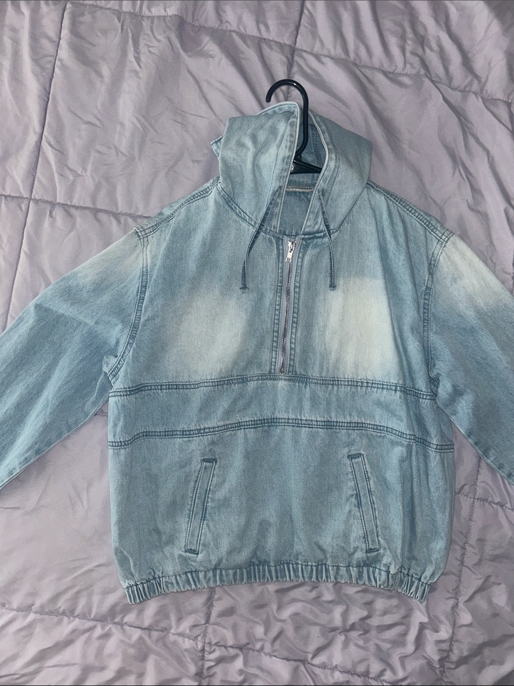 Light Wash Denim Pullover Jacket - Hooded